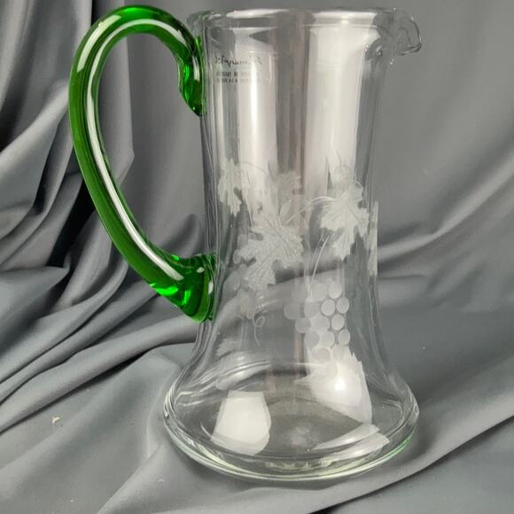 Vintage Roman Art France Hand Blown Glass Pitcher Etched Grapes Green Handle - Picture 3 of 5
